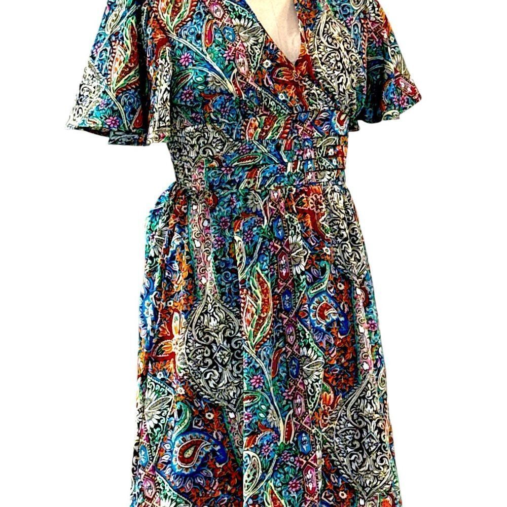 Multicolor Paisley Print Women's Dress small butterfly sleeve polyester